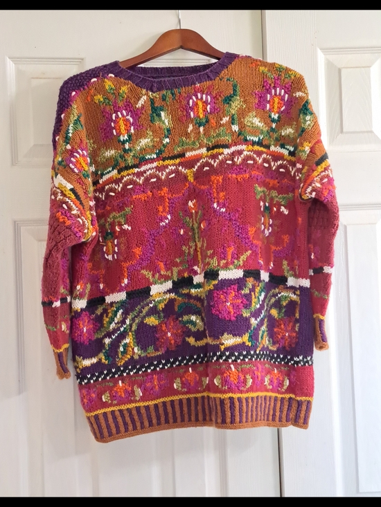 cullinane Sweaters - Vintage Oversized Handknitted Floral Pattern Cotton Ramie Crewneck Sweater
